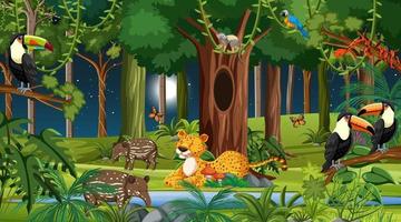 Forest at night scene with different wild animals vector