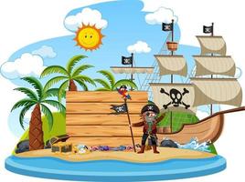 Isla pirata con un banner vacío aislado sobre fondo blanco. vector