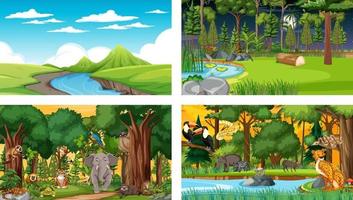 Conjunto de escena horizontal de bosque diferente con varios animales salvajes vector