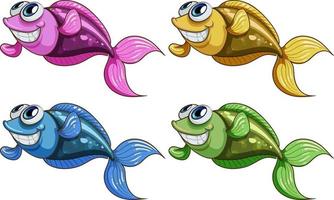 Set of many funny fishes cartoon isolated on white background vector