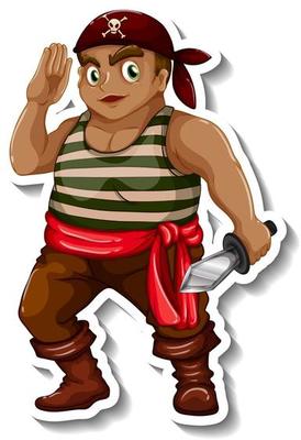 Sticker template with a pirate boy cartoon character isolated