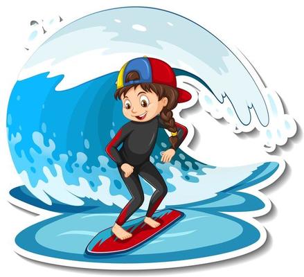 Sticker a girl standing on surfboard with water wave