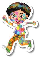 Happy boy with colour on his body sticker on white background vector