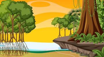 Nature scene with Mangrove forest at sunset time vector