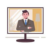 hablando por Internet. hombre en la pantalla del monitor. trabajar desde casa, autónomo vector