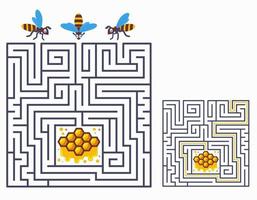 Square maze labyrinth game for kids. Find a way for bees to honeycomb vector