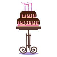 Celebration cake with candles on cake stand. Birthday party element. vector