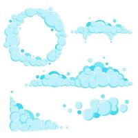 Cartoon soap foam set with bubbles. Light blue suds of bath vector