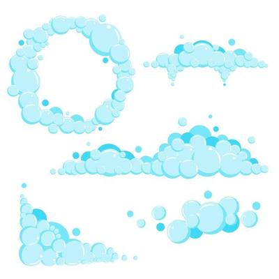 Cartoon soap foam set with bubbles. Light blue suds of bath