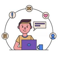 hombre sonriente con laptop. concepto de diseño o icono de redes sociales vector