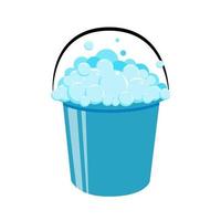 Plastic bucket with handle full of soap suds. Foam and bubbles. Flat vector