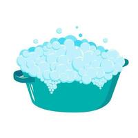 Plastic basin with soap suds. Soap foam with bubbles. Washing vector
