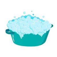 Plastic basin with soap suds. Soap foam with bubbles. Washing vector