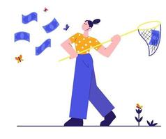 Woman trying to catch money with a net. Business concept. Vector