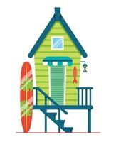 casa en la playa. cabaña con tabla de surf en la costa. vector