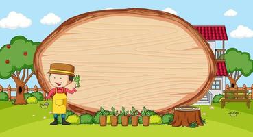 Garden scene with blank wooden board in oval shape with gardener vector