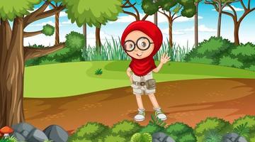 Nature scene with a muslim girl exploring in the forest vector