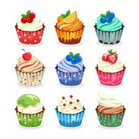 Sweet and colorful cupcake set with fruit topping vector