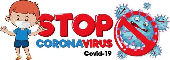 detener la pancarta de coronavirus con un niño con un personaje de máscara médica vector