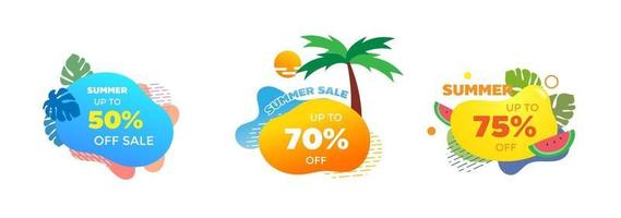 conjunto de plantilla de banner de venta de verano. burbuja geométrica abstracta líquida con tropical, árbol, sandía y sol. Insignia de promoción para oferta de temporada, promoción, publicidad. vector