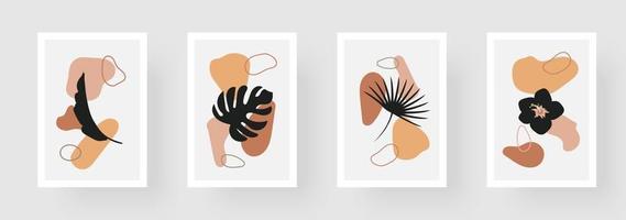 conjunto de ilustraciones creativas y minimalistas dibujadas a mano, hojas y formas simples en colores pastel para decoración de paredes, diseño de portada de tarjetas postales o folletos vector