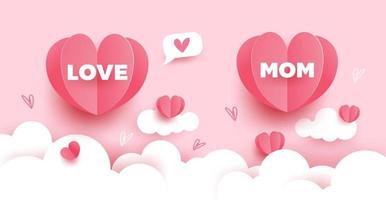 Mother's day card. Paper cut with hearts, clouds and bubble speech on pink pastel background. Vector illustration