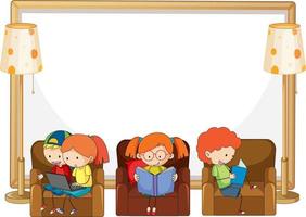 Empty banner with many kids sitting on sofa and reading book vector