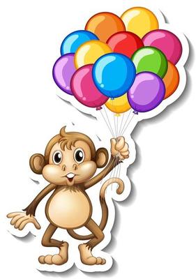 Sticker template with a monkey holding many balloons