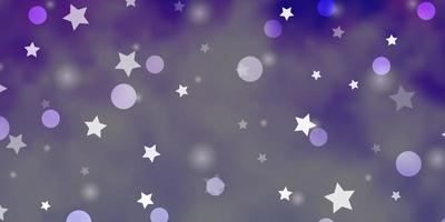 Telón de fondo de vector púrpura claro con círculos, estrellas.