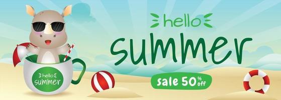 summer sale banner with a cute rhino in the cup vector
