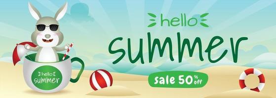 summer sale banner with a cute rabbit in the cup vector