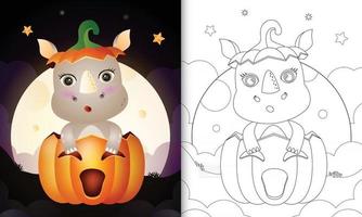 coloring book with a cute rhino in the halloween pumpkin vector