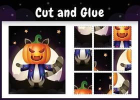 Children board game cut and glue with a cute raccoon using halloween costume vector