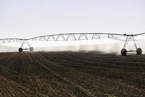 Sistema de riego automático en un campo de cereales. foto