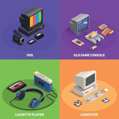 Retro Gadgets 2x2 Isometric Concept Vector Illustration