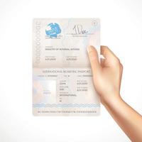 Maqueta de pasaporte biométrico en la ilustración de vector de mano humana