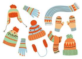 winter knit hats and caps. Hand drawn vector style. Warm accessories