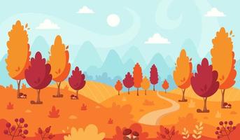 Autumn landscape with trees, mountains, fields, leaves vector