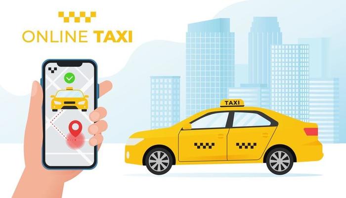 Online taxi service concept. Yellow taxi car and hand holding smartphone with taxi application on city background. Vector illustration in flat style 2944432 Vector Art at Vecteezy