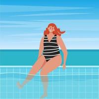 mujer en la piscina con fondo de océano, linda ilustración vectorial en estilo plano vector