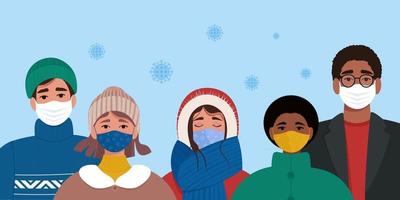 People in masks and warm clothes. Coronavirus Covid-19 pandemic concept vector
