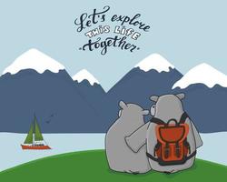 Couple of hippos are on green field in mountains near the river. Let's explore this life together text with birds is in the sky. Yacht is in the water. Orange traveler backpack is on animal back vector