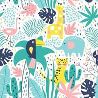 Tropical seamless pattern with toucan, flamingos, tiger. Vector