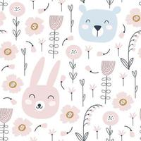 Seamless pattern with cute rabbit, bear and flowers. Vector