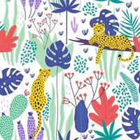 Seamless pattern with leopards and tropical leaves. Vector