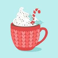 Christmas Hot chocolate with cream and candy cane. Vector