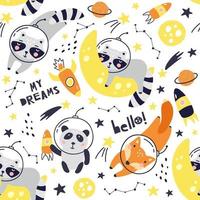 Seamless pattern with cute fox astronaut, raccoon, panda. Vector