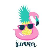 Summer poster pool floating with flamingo and pineapple. Vector