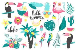 Summer set of tropical leaves, flamingos, toucan, parrot. Vector