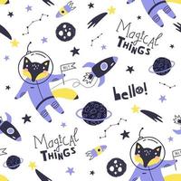 Seamless pattern with cute fox astronaut, planets, stars. Vector